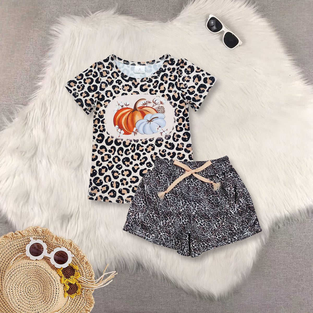 RTS NO MOQ Sibling baby girls clothes pumpkin leopard Short Sleeve Suit  & Top and shorts