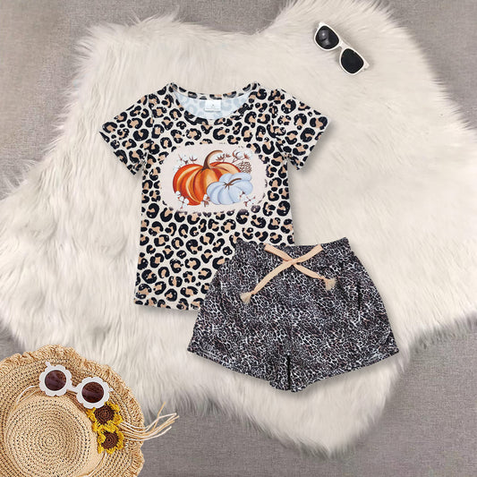 RTS NO MOQ Sibling baby girls clothes pumpkin leopard Short Sleeve Suit  & Top and shorts
