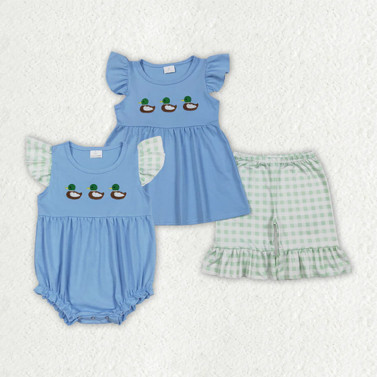 RTS NO MOQ sibling baby girls clothes embroidery duck short sleeve Clothes Sets and rompers