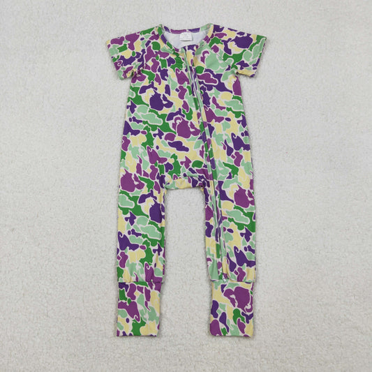 RTS NO MOQ（In Stock) SR3211 Carnival green, yellow, and purple camouflage short-sleeved zip-up bodysuit