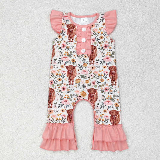 RTS no moq SR0010 Pink Flying Sleeve Ruffle Edge Button Bull Head Floral Bodysuit