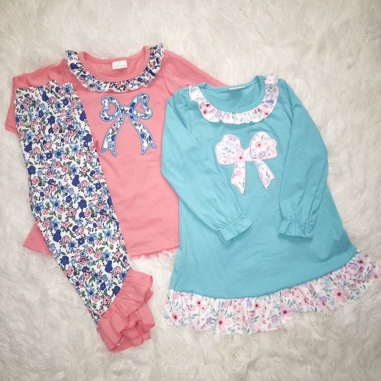 RTS NO MOQ baby girl clothes embroidery bow long sleeve pants Clothes Sets and dress