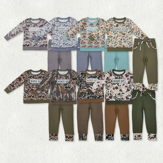 RTS NO MOQ Sibling baby boy clothes Embroidered Mama's Boy Brown-Green Camouflage Beige Long-Sleeve Pants Suits