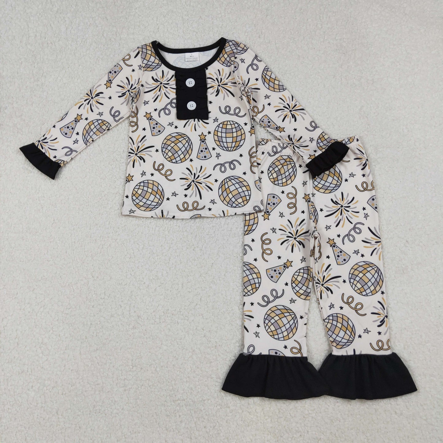 12/18M-7/8T RTS NO MOQ（In Stock) GLP2563 New Year Fireworks Ball Lace Long Sleeve Trousers Pajama Set