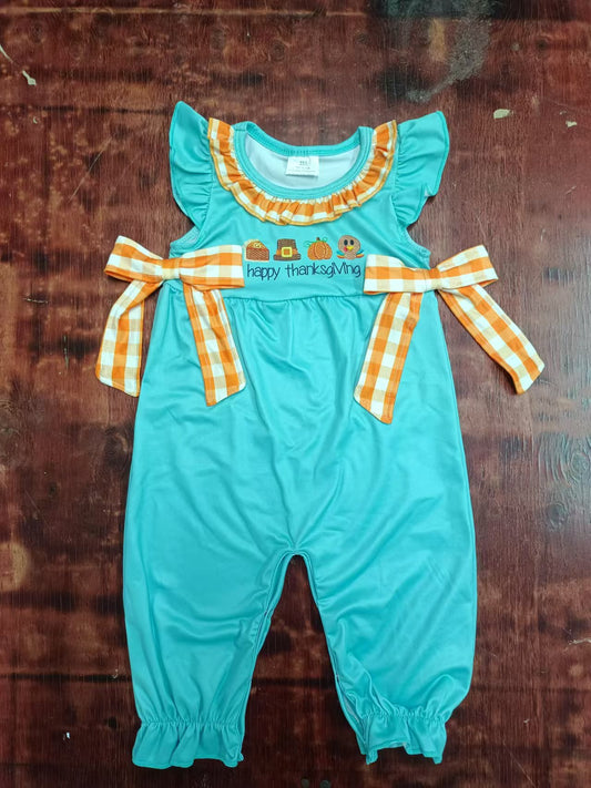 Custom moq 3 eta 6-7weeks  Orange plaid bow decorated lake blue flying sleeves trousers romper