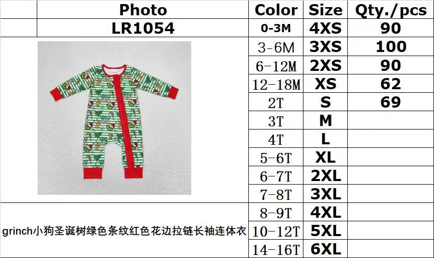 bamboo rts no moq LR1054 Grinch puppy Christmas tree green stripes red lace zipper long-sleeved jumpsuit