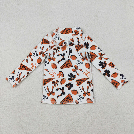 RTS NO MOQ（In Stock) GT1197 Orange football flared bow pattern zippered yoga long-sleeved top