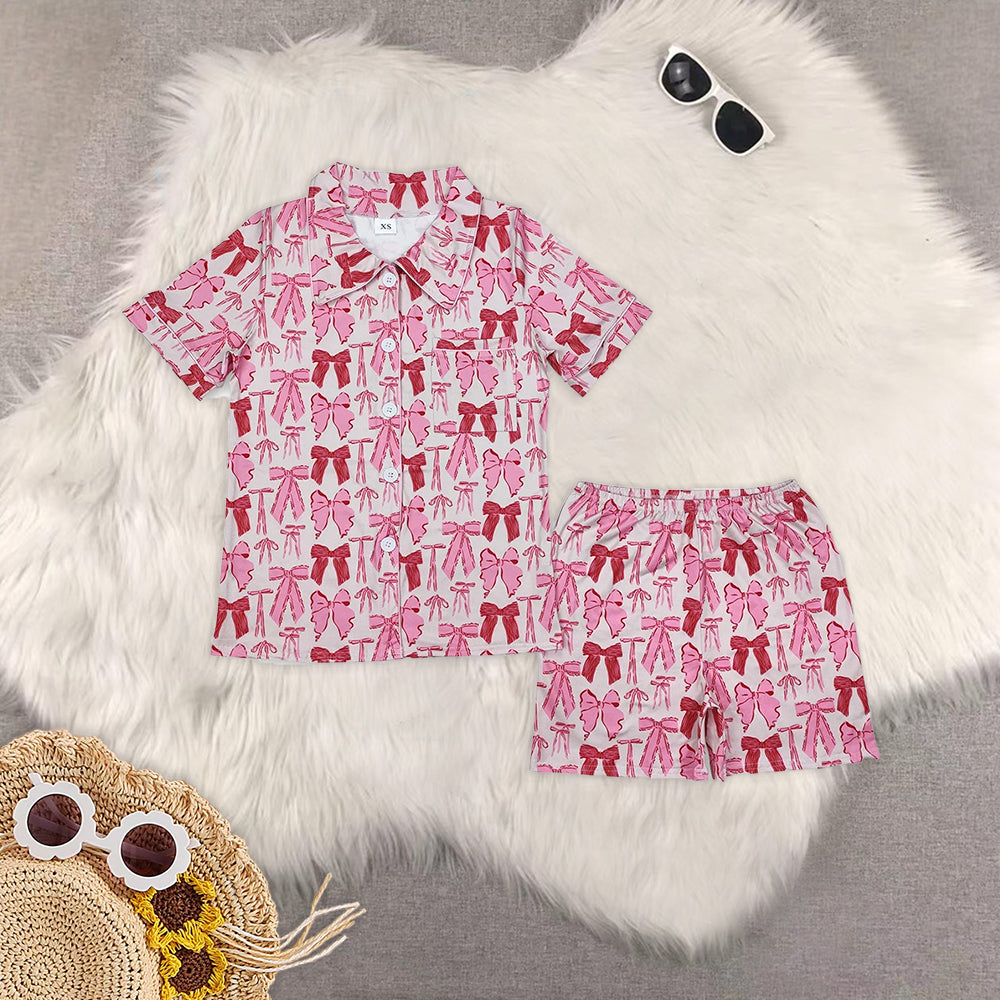 RTS NO MOQ Adult Girls bow Short Sleeve Shorts Pajama Set & kids shorts sets