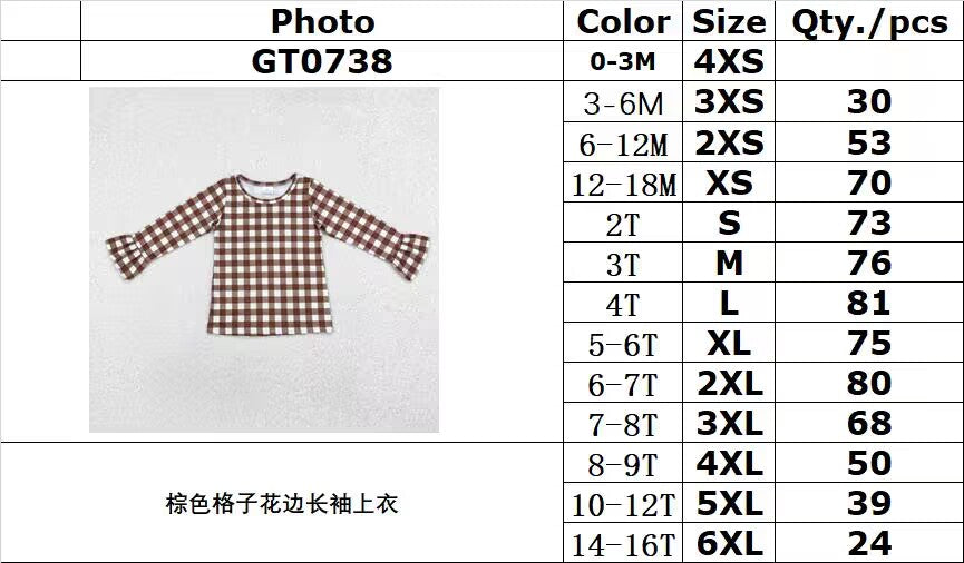 RTS NO MOQ ETA 5/7days arrived GT0738 Brown plaid lace long-sleeved top