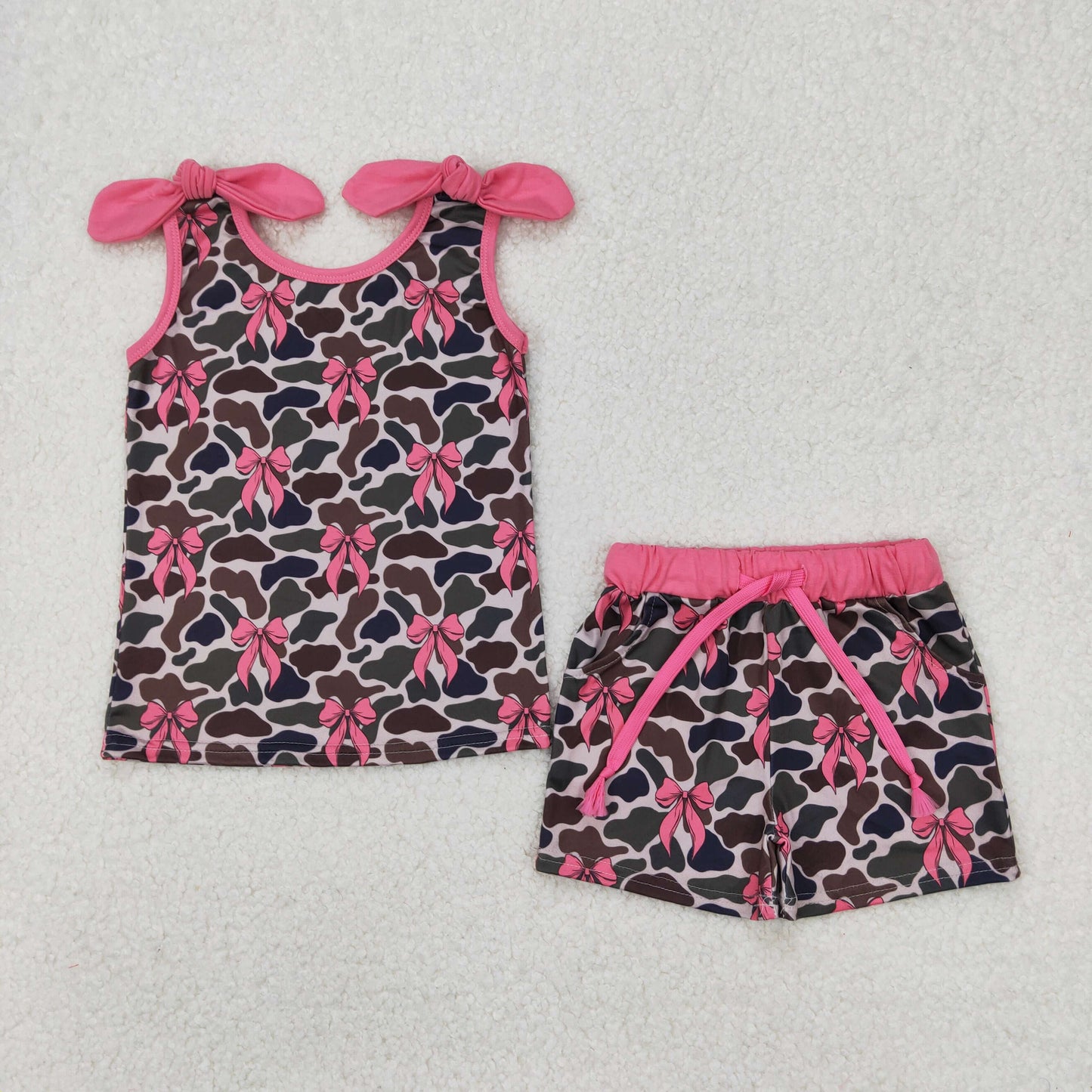 RTS NO MOQ ETA 5/7days Arrived GSSO2083 Camouflage pink bow pattern sleeveless shorts set