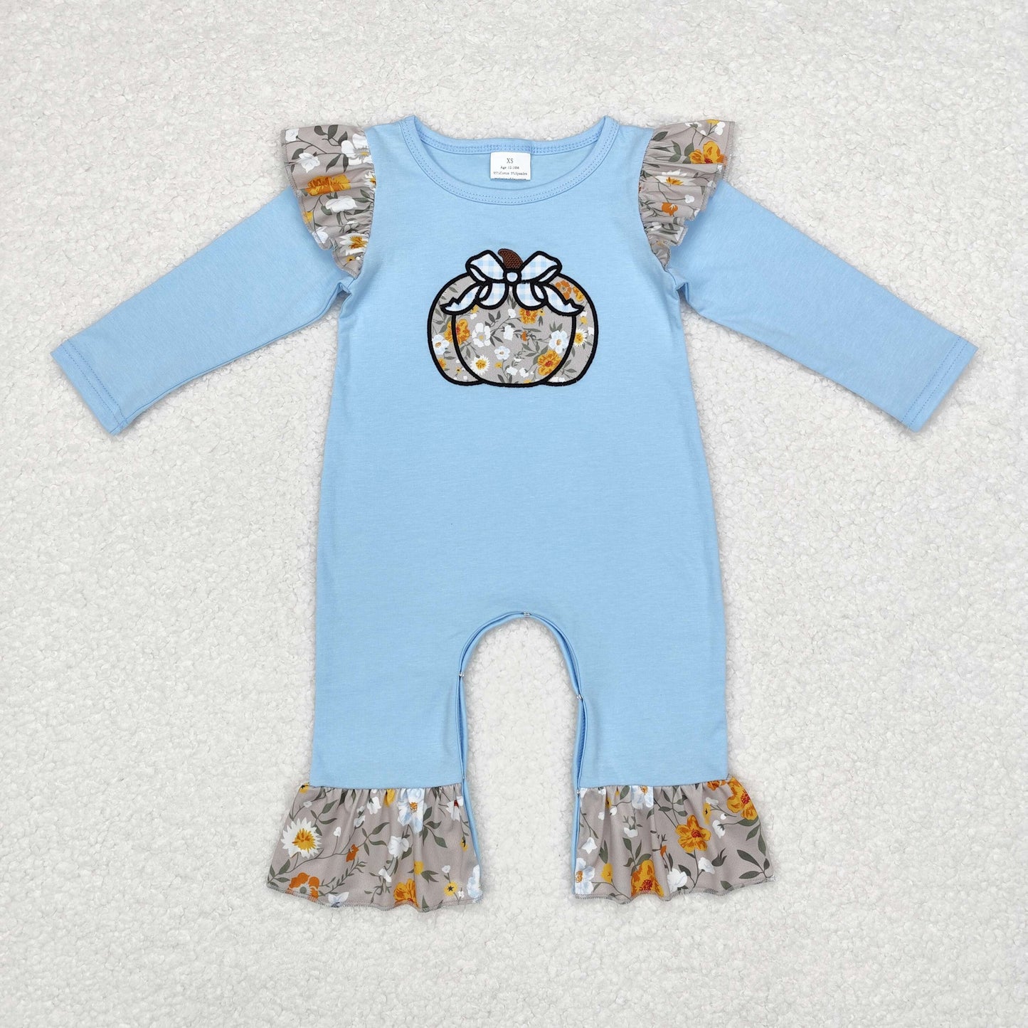 rts no moq LR1529 Embroidered butterfly pumpkin flower lace blue long-sleeved jumpsuit