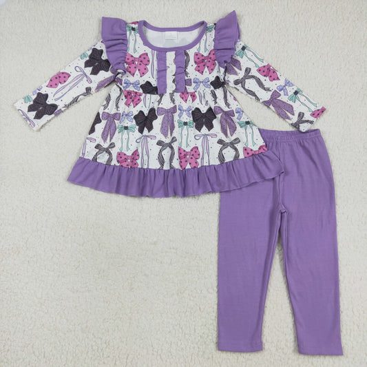RTS NO MOQ（In Stock) GLP2528 Halloween bow pattern button purple lace long sleeve trousers set