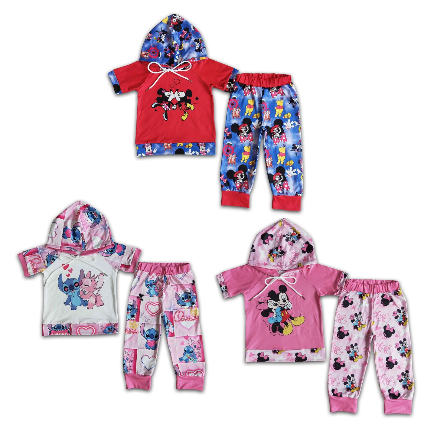 RTS NO MOQ Baby Girl Valentine Hodded Short Sleeve Top Pants Set