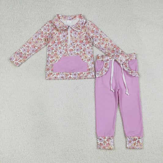 RTS NO MOQ（In Stock) GLP3281 Colorful Flower and Leaf Purple Pocket Zipper Long-Sleeve Pants Set