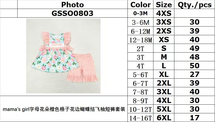 RTS no moq GSSO0803 mama's girl letter flower orange plaid lace bow flying sleeve shorts suit
