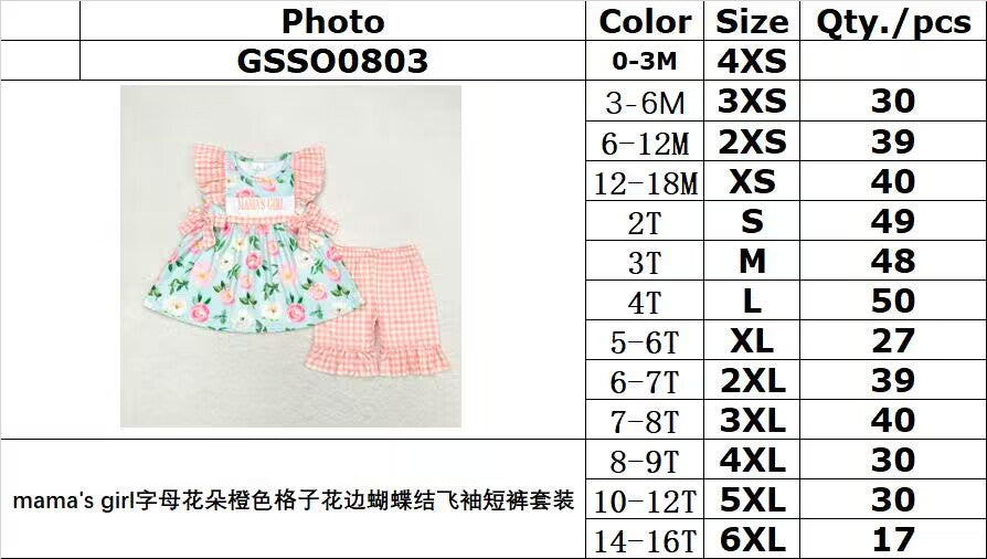 RTS no moq GSSO0803 mama's girl letter flower orange plaid lace bow flying sleeve shorts suit