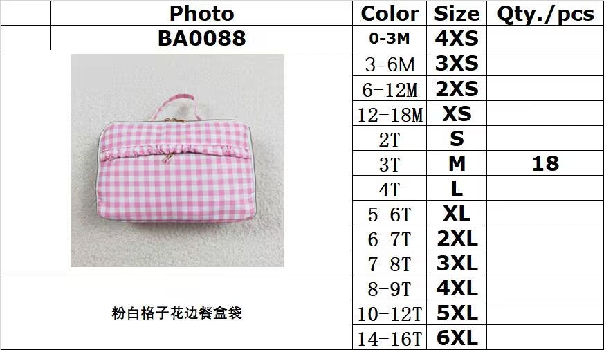 rts no moq BA0088 Pink and white plaid lace lunch box bag