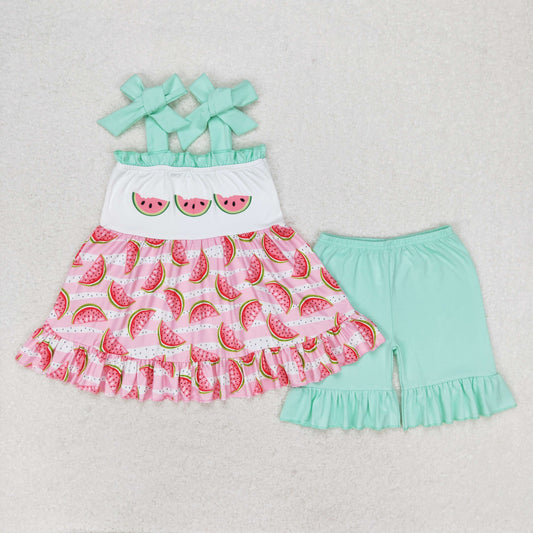 rts no moq GSSO0709 Watermelon pink striped teal lace bow suspender shorts suit