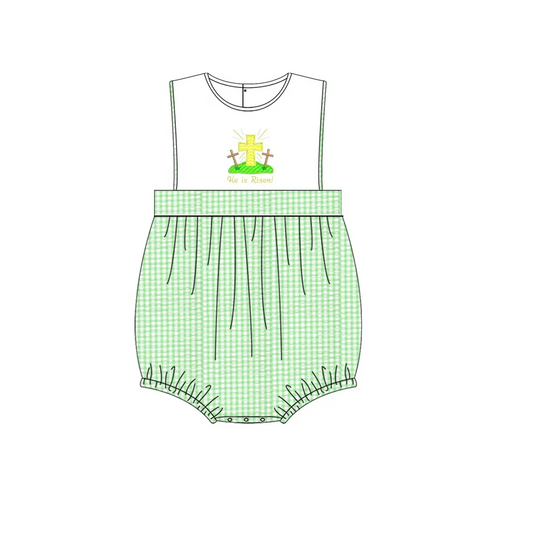 Custom moq 3 eta 7/8week moq 5 eta /4/5week Green plaid and white sleeveless short romper with embroidered cross pattern