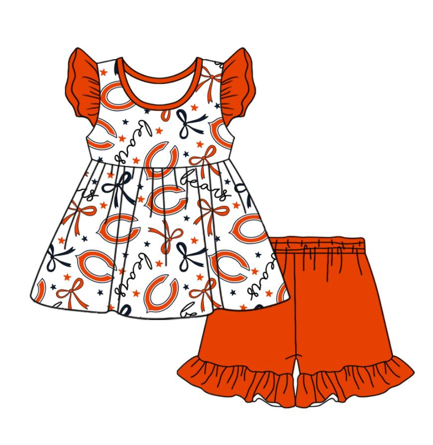 custom moq 3 eta 6-7weeks baby girls clothes team bow orange short Sleeves Shorts Set