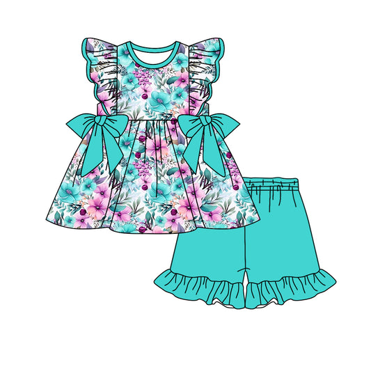 Custom moq 3 eta 7/8week moq 5 eta /4/5week baby girls clothes floral flying sleeve shorts sets