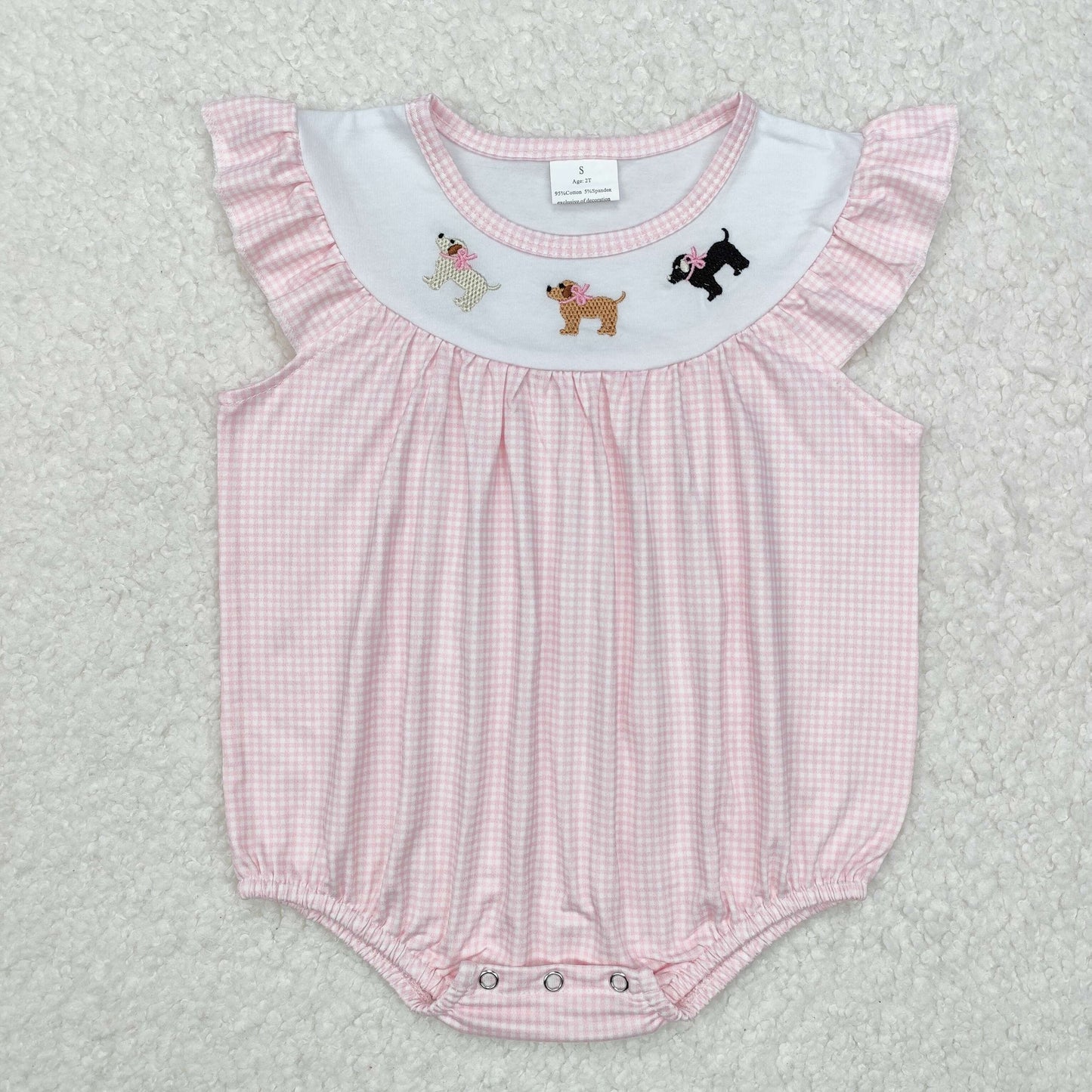 RTS NO MOQ ETA 5/7days arrived SR2073 Embroidered bow puppy pink plaid vest jumpsuit