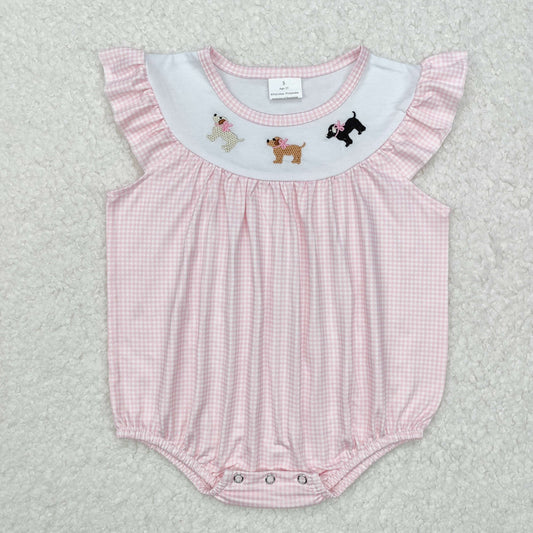 RTS NO MOQ ETA 5/7days arrived SR2073 Embroidered bow puppy pink plaid vest jumpsuit