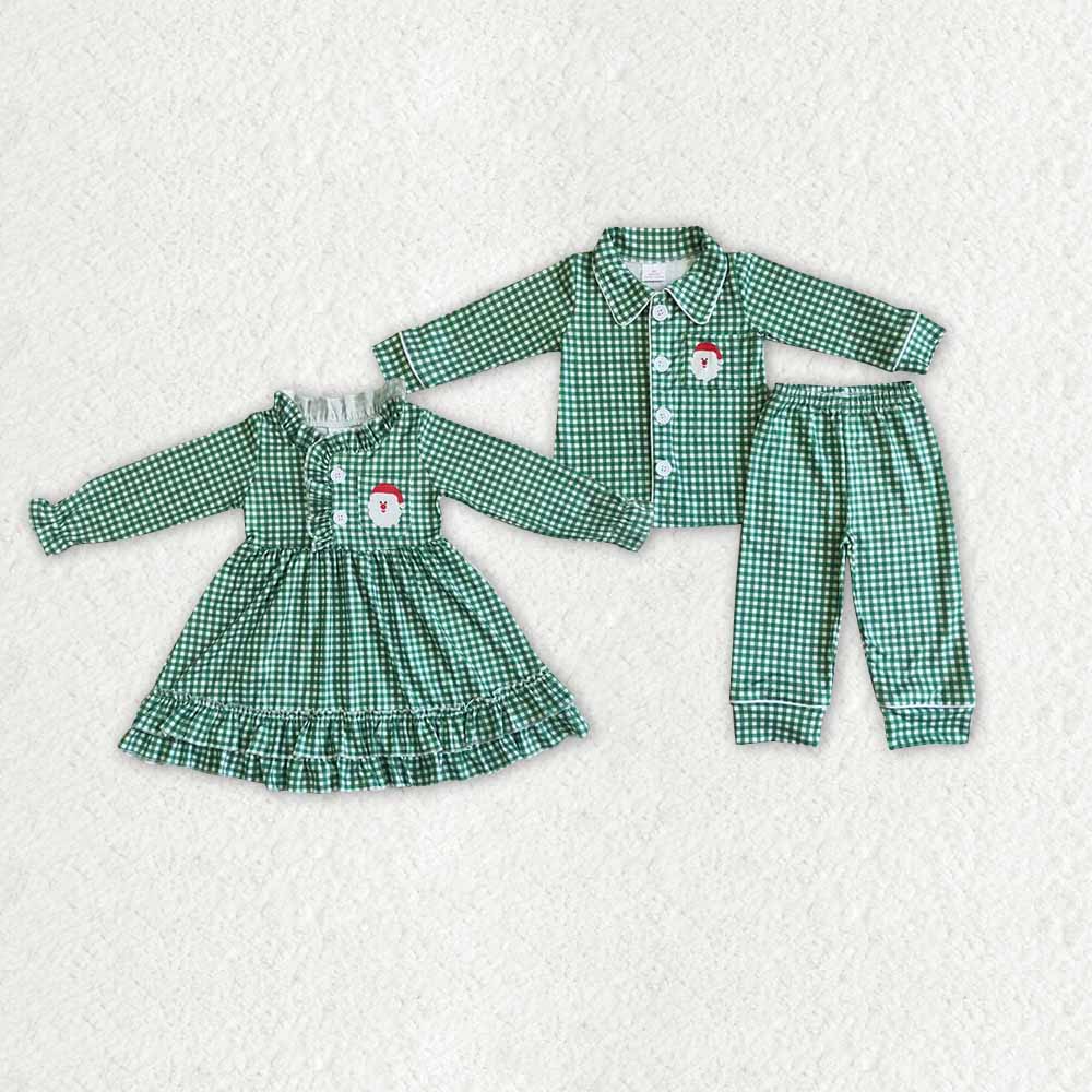 RTS NO MOQ 6 B3-39 6 C10-7 Santa Claus Green Plaid Long Sleeve Suit & Long Sleeve Dress