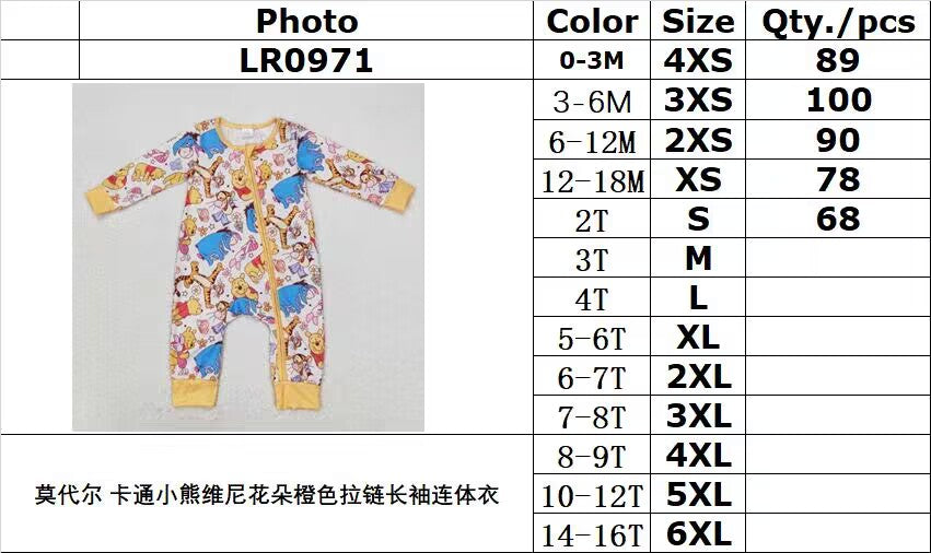 bamboo rts no moq LR0971 Modal cartoon Winnie the Pooh flower orange zipper long-sleeved jumpsuit