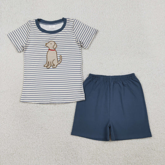 RTS NO MOQ（In Stock) BSSO1745 Embroidered Puppy Blue Striped Short-Sleeve and Shorts Set