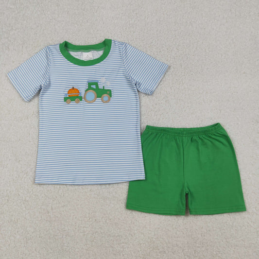 RTS NO MOQ（In Stock) BSSO1549 Embroidered Pumpkin Tractor Blue Striped Short-Sleeved Green Shorts Set