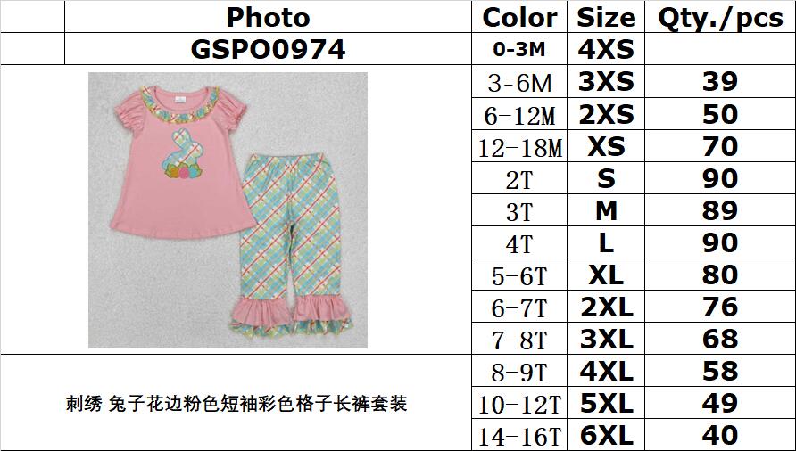 RTS NO MOQ ETA 5/7days Arrived GSPO0974 Embroidered bunny lace pink short-sleeved colorful plaid trousers set