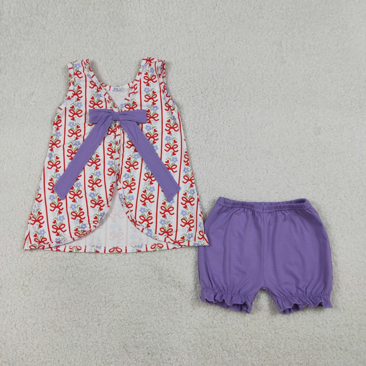 3/6M-6/7T RTS NO MOQ（In Stock) GSSO2785 Floral Heart Red Bow Pattern Vertical Striped Sleeveless Blue-Purple Shorts Set