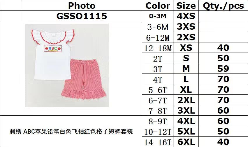 RTS no moq GSSO1115 Embroidered ABC apple pencil white flying sleeve red plaid shorts set