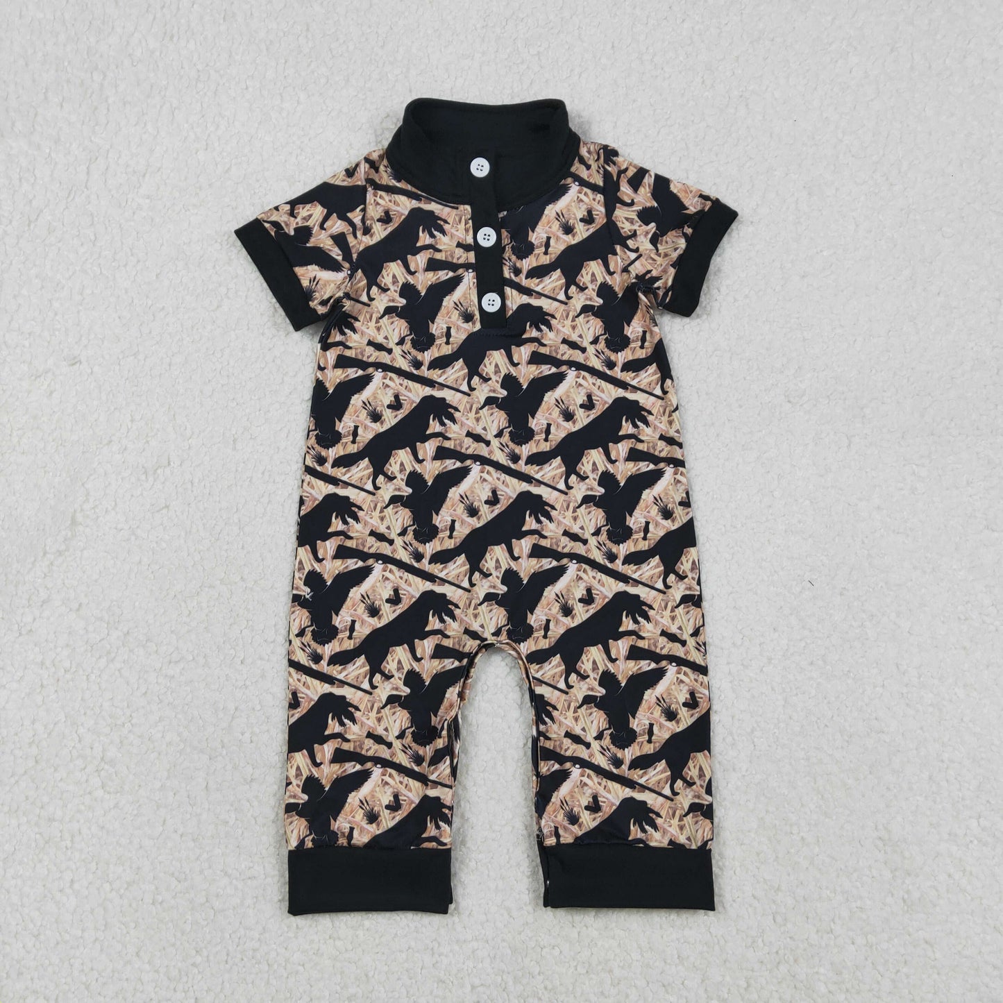 RTS NO MOQ（In Stock ) SR3637 Duck Puppy Branch and Leaf Button Collar Short-Sleeved Jumpsuit