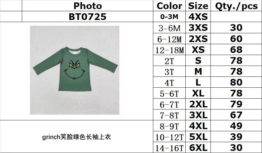 RTS NO MOQ ETA 5/7days arrived BT0725 Grinch smiley green long-sleeved top