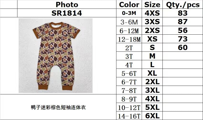 RTS no moq SR1814 Duck camouflage brown short-sleeved jumpsuit