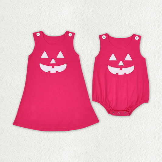 RTS NO MOQ Halloween face smiley embroidery pink embroidered skirt romper