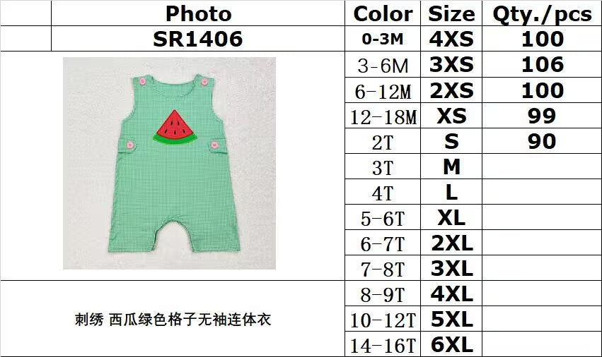 RTS no moq SR1406 Embroidered watermelon green plaid sleeveless jumpsuit