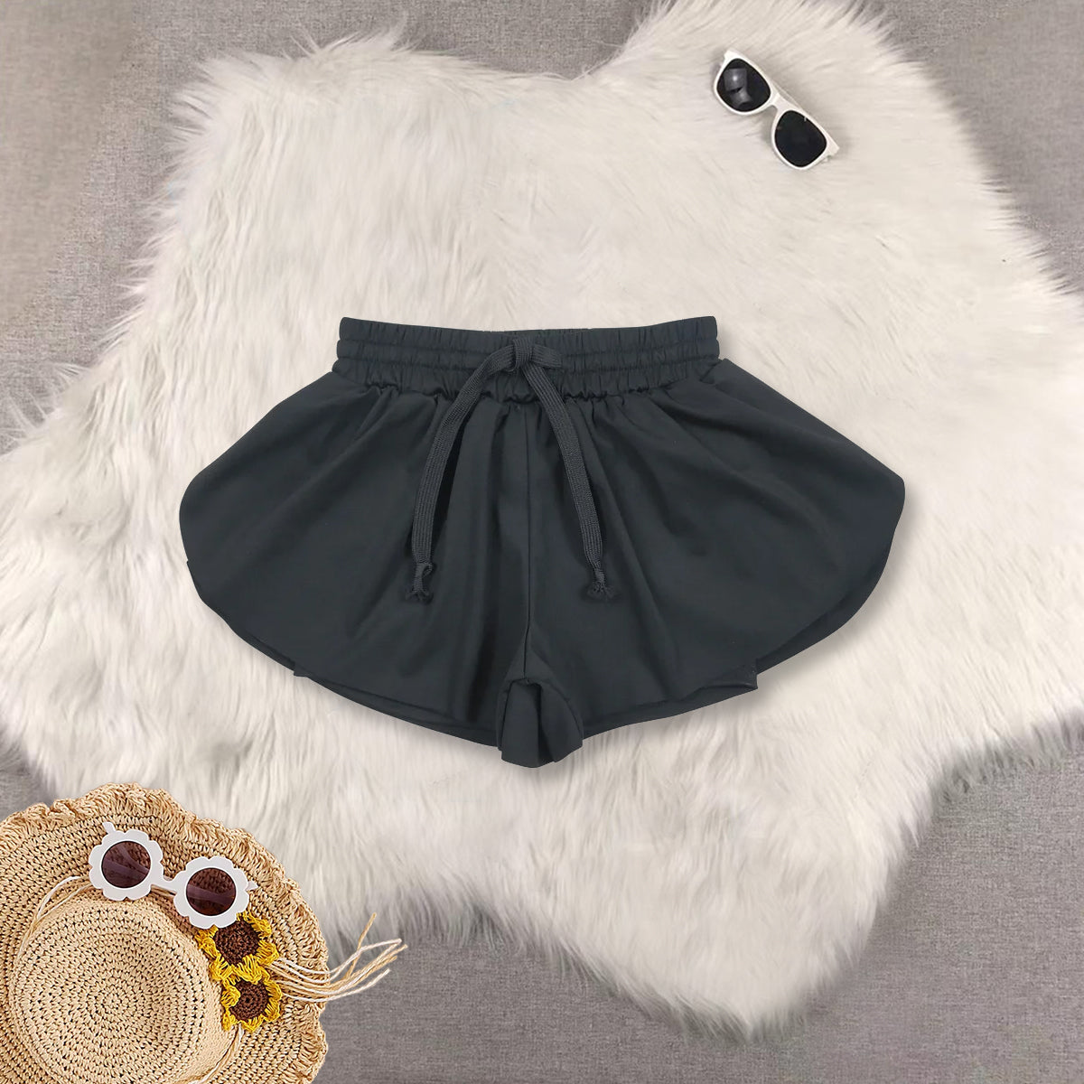 RTS NO MOQ Sibling baby girls clothes yoga Pure black sleeveless short sets and Top and shorts