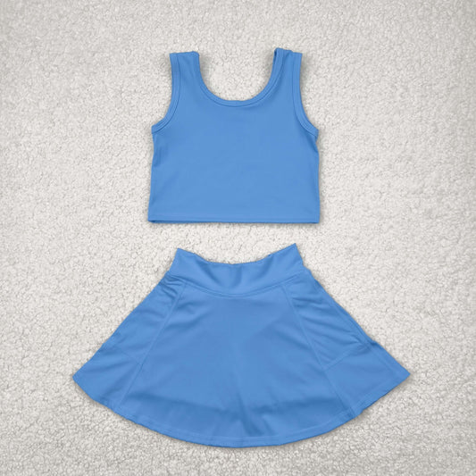 RTS NO MOQ GSD1985 Solid sky blue sleeveless skirt yoga set