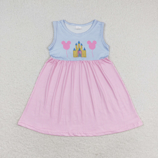 RTS no moq GSD1052 Mickey balloon castle pink and blue striped sleeveless dress