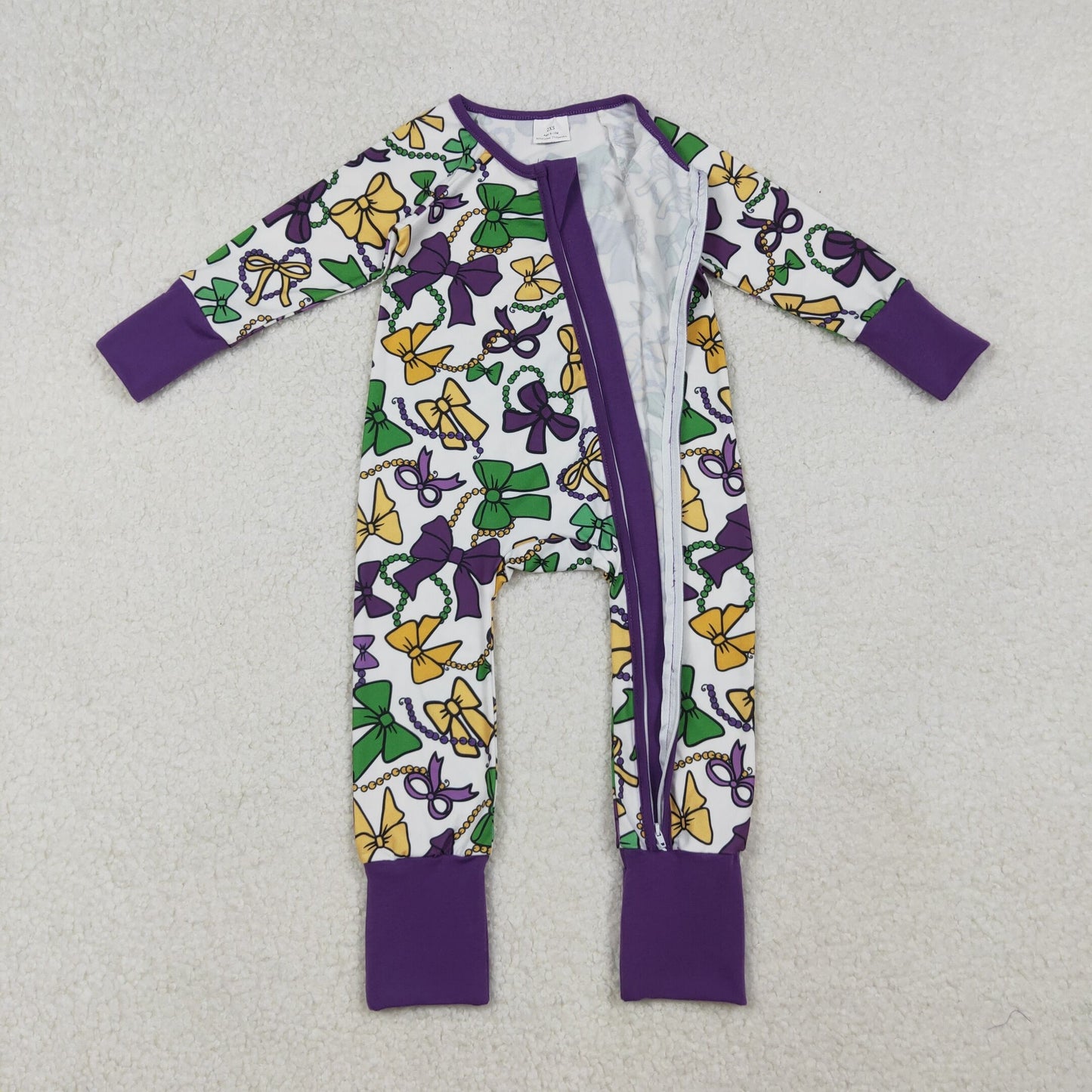 RTS NO MOQ（In Stock) LR2678 Purple and White Zippered Long-Sleeved Bodysuit with Carnival Bow Necklace