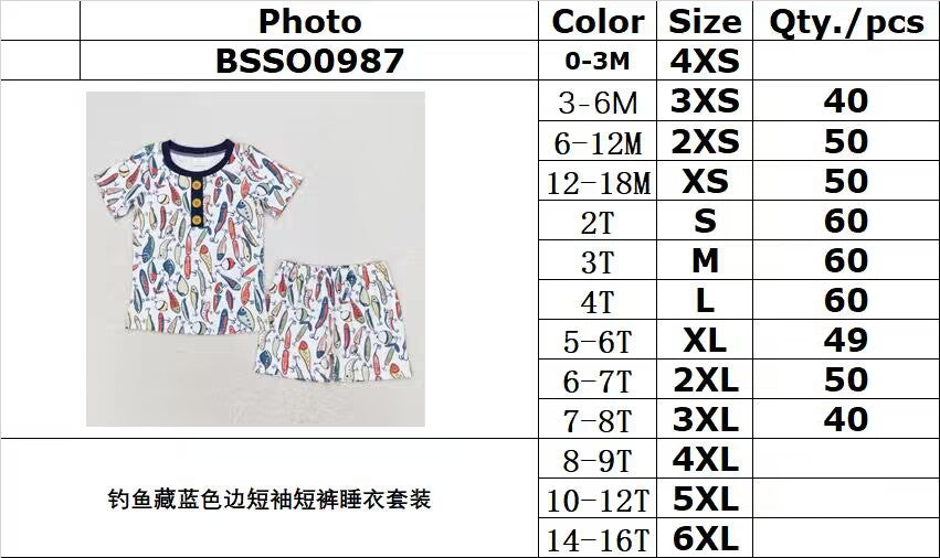 rts no moq BSSO0987 Fishing Navy Blue Edge Short Sleeve Shorts Pajama Set