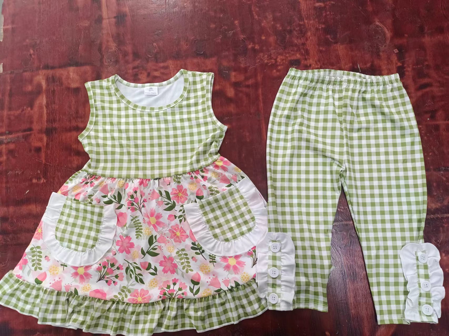 custom moq 5 eta 5weeks mix size Girls green grid floral sleeveless pants Suit