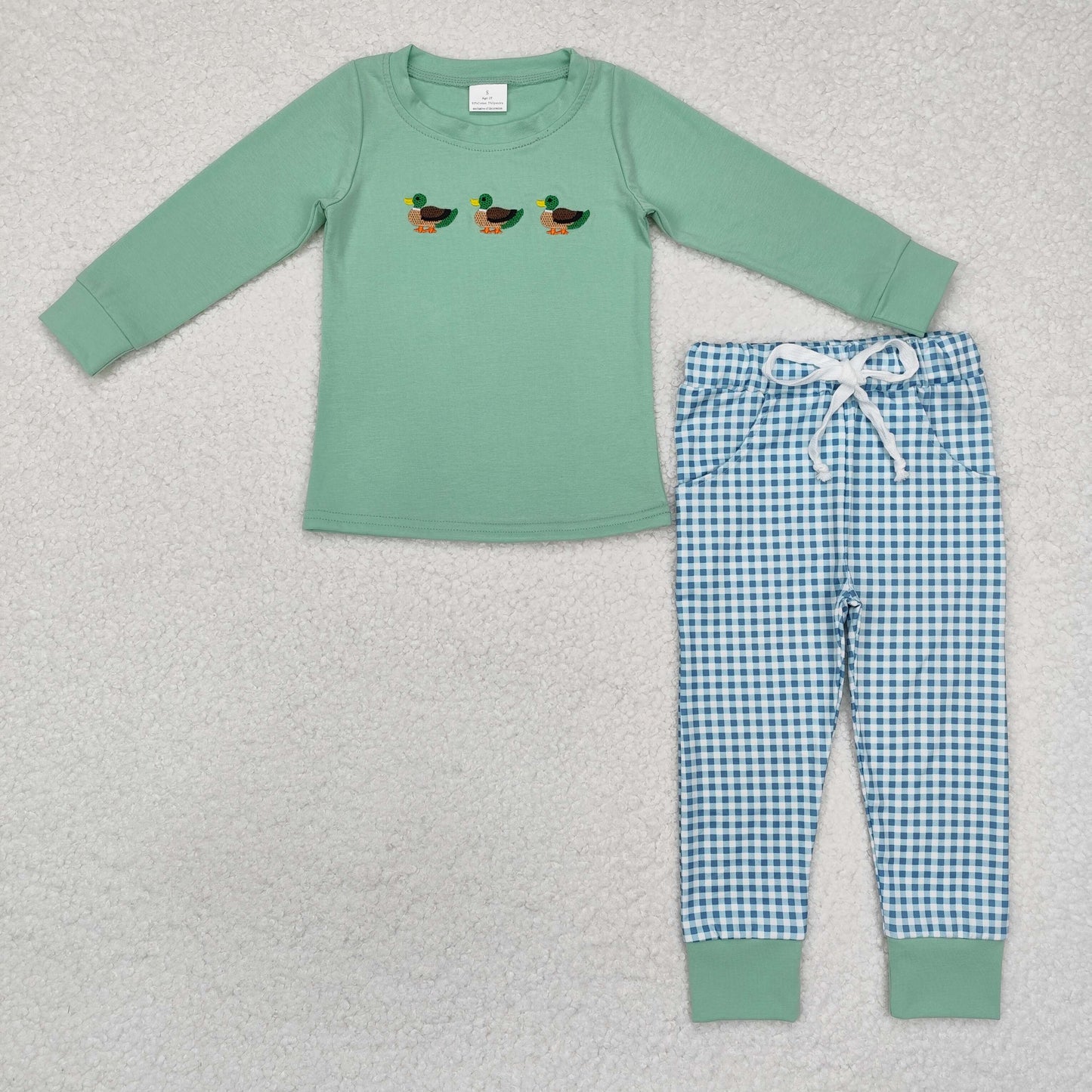 RTS NO MOQ ETA 5/7days Arrived BLP1021 Embroidered duck green long-sleeved plaid trousers set