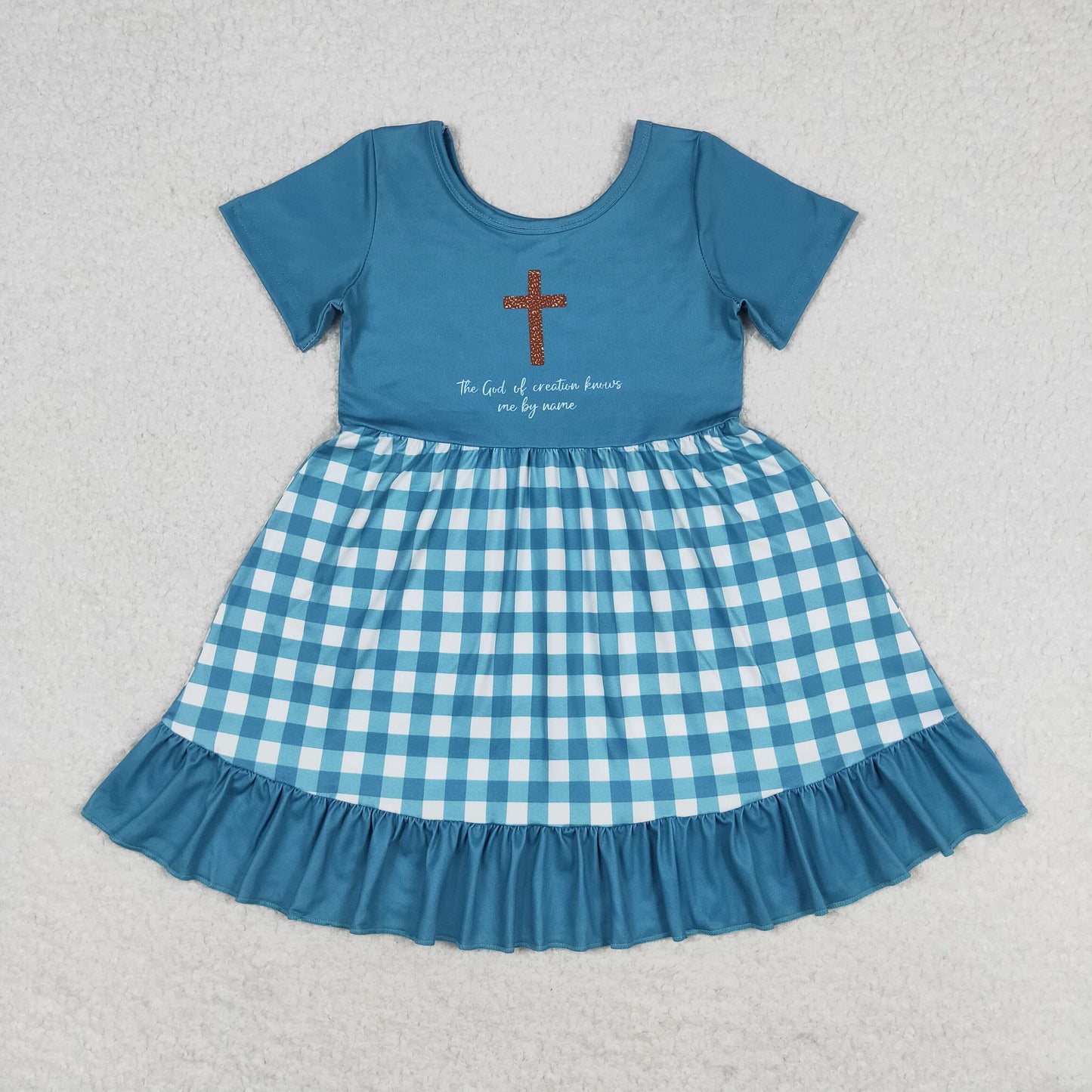 RTS no moq GSD1157 Cross letter plaid teal lace short-sleeved dress