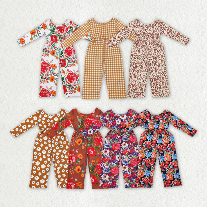 RTS NO MOQ Baby Girls Groovy Flowers Long Sleeve Fall Jumpsuits