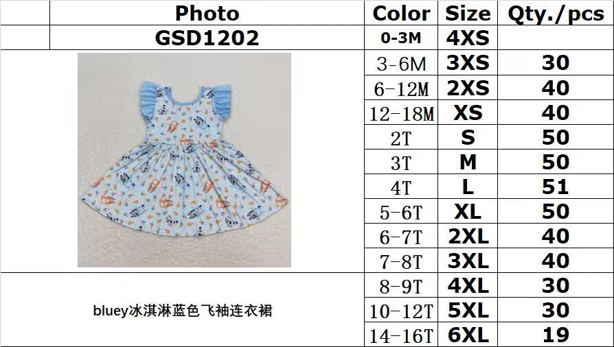 GSD1202 bluey ice cream blue flying sleeve dress