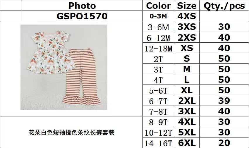 RTS NO MOQ GSPO1570 Flower white short-sleeved orange striped trousers set